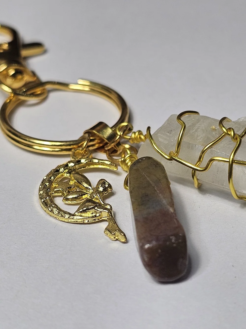 Gold-Tone Crystal Charm Keychain with Moon Pendant - Clear & Brown Crystals